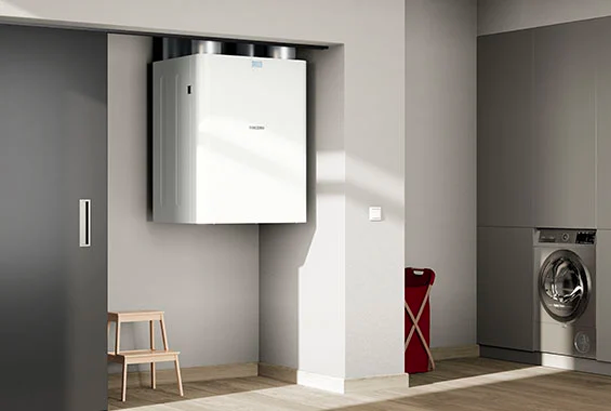 Wall mounted ventilation unit in a domestic utility room